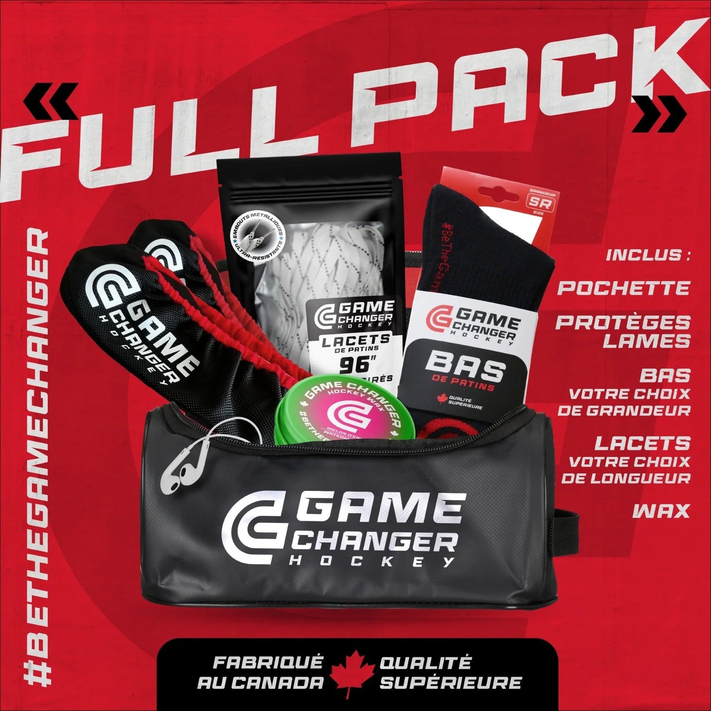 Pack d’accessoires de hockey Game Changer avec pochette, lacets, protège-lames, bas et cire, fond rouge, produit québécois LabHockey.