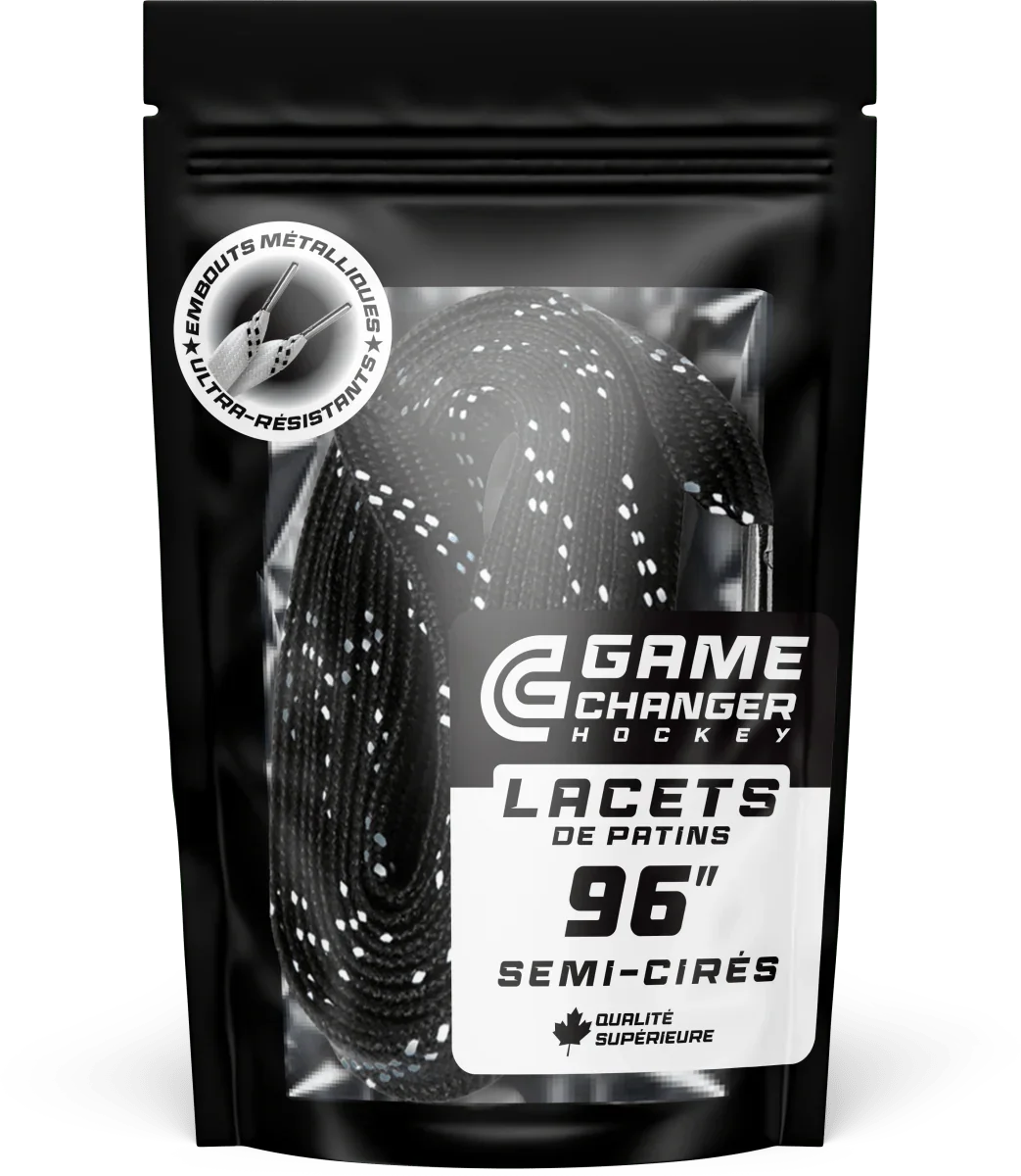 Lacets de patins semi-cirés noirs 96 pouces Game Changer Hockey, embouts métalliques, qualité supérieure.